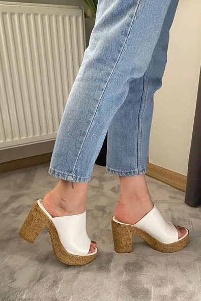 Kadın Oven Beyaz 10 cm Platfom Topuklu Mantar Taban Terlik K-850 - 3