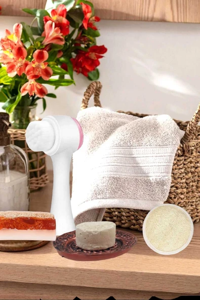 5'li Kabak Lifli Keçi Sütlü Çilek Sabun Ruşur Taşı Yüz Pedi Yüz Temizleme Fırçası Havlu Cilt Bakım - 2