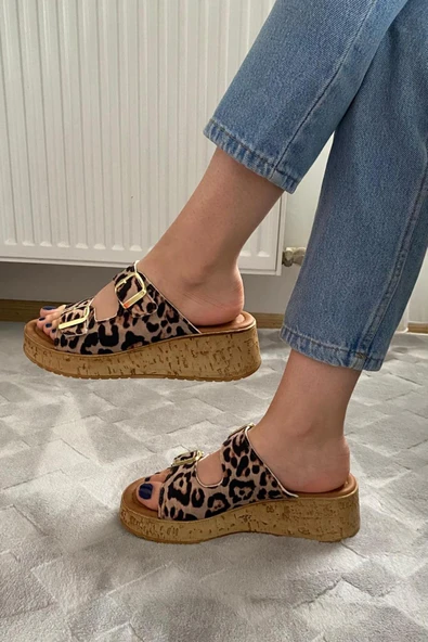 Kadın Nora Leopar Desen Çift Bant Kalın Mantar Taban Ortopedik Sandalet Terlik K-270 - 4