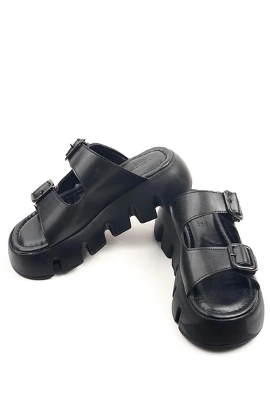 Kadın Sero Siyah Çift Bant Kalın Taban Ortopedik  Sandalet Terlik - 2