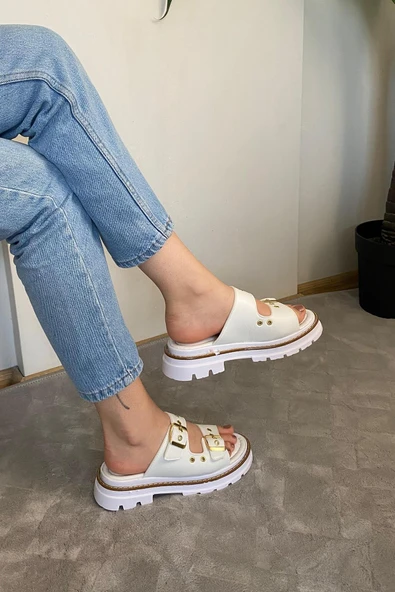 Kadın Firida Çift Bantlı Kapsül Detaylı Kalın Taban Ortopedik Sandalet Terlik K-100 - 4