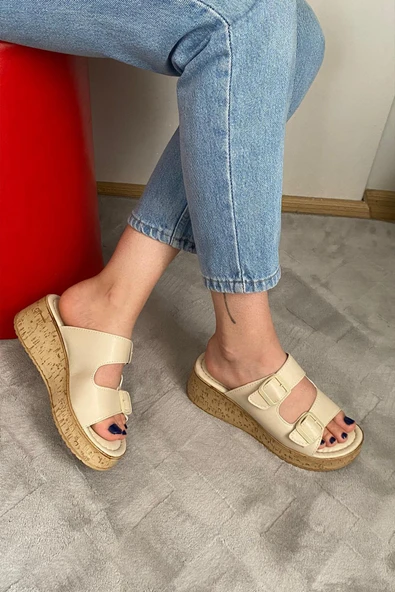 Kadın Nora Bej Çift Bant Kalın Mantar Taban Ortopedik Sandalet Terlik K-270 - 2