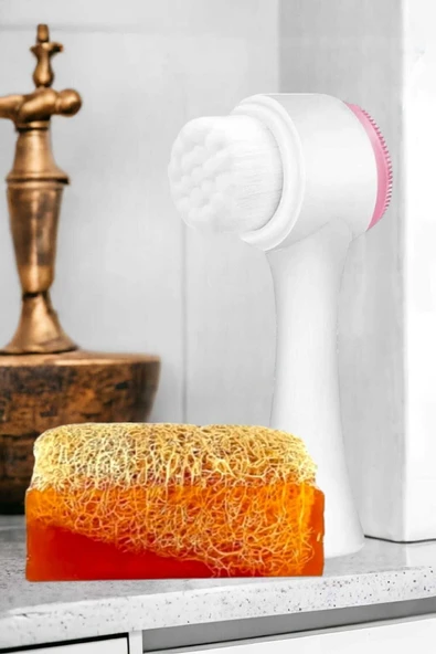 2'li Tüm Cilt Bakım Seti Kabak Kabak Lifli Ballı Sabun Çift Taraflı Yüz Temizleme Fırçası - 3