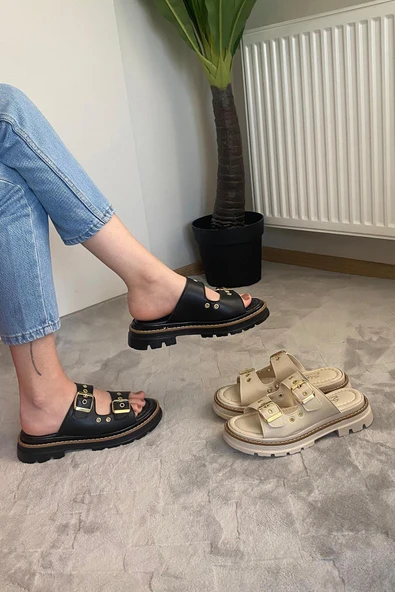 Kadın Firida Siyah Çift Bantlı Kapsül Detaylı  Kalın Taban Ortopedik  Sandalet Terlik K-100 - 4