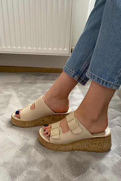 Kadın Nora Bej Çift Bant Kalın Mantar Taban Ortopedik Sandalet Terlik K-270 - 5