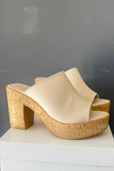 Kadın Oven Bej 10 cm Platfom Topuklu Mantar Taban Terlik K-850 - 2