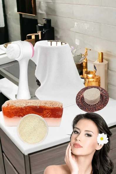 5'li Kabak Lifli Keçi Sütlü Çilek Sabun Ruşur Taşı Yüz Pedi Yüz Temizleme Fırçası Havlu Cilt Bakım - 4