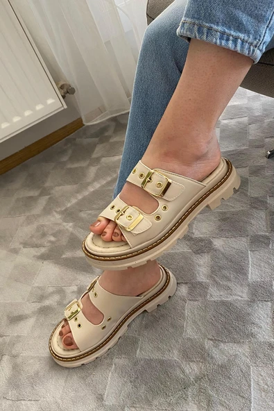 Kadın Firida Bej Çift Bantlı Kapsül Detaylı  Kalın Taban Ortopedik  Sandalet Terlik K-100 - 3