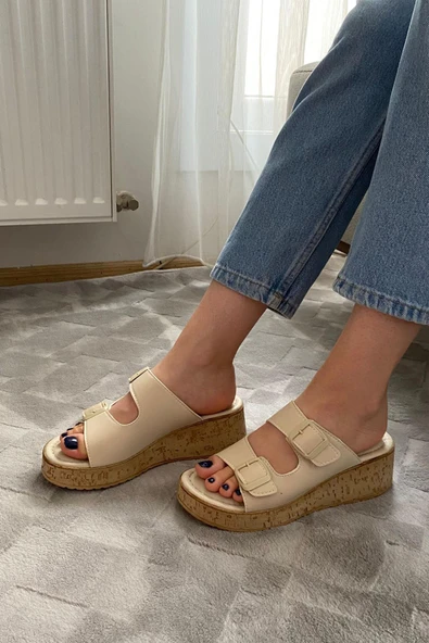 Kadın Nora Bej Çift Bant Kalın Mantar Taban Ortopedik Sandalet Terlik K-270 - 3