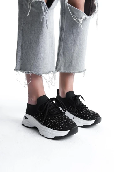 Kadın Rocco SiyahTriko Beyaz Tabanlı Taşlı Spor Ayakkabı & Sneaker - 3