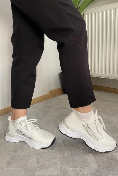 Kadın Fabri Beyaz Triko Taşlı Spor Ayakkabı & Sneaker - 5