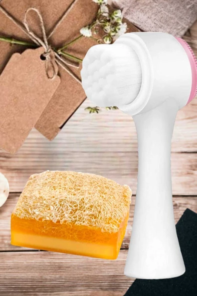 2'li Cilt Bakım Kabak Lifli Keçi Sütü Limon Sabun Çift Taraflı Yüz Temizleme Fırçası - 5