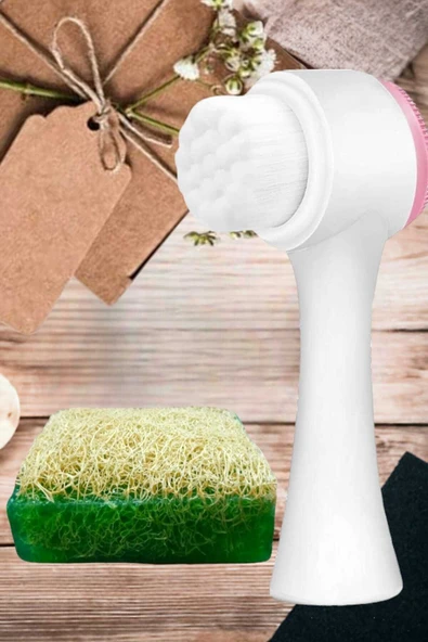 2'li Tüm Cilt Bakım Seti Kabak Lifli Çay Ağacı Sabun Çift Taraflı Yüz Temizleme Fırçası - 4