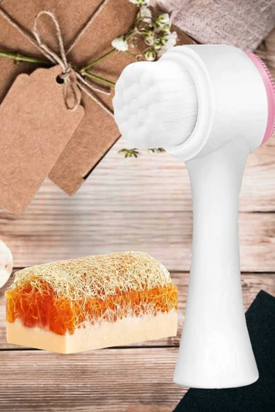 2'li Cilt Bakım Kabak Lifli Keçi Sütü Ballı Sabun Çift Taraflı Yüz Temizleme Fırçası - 5