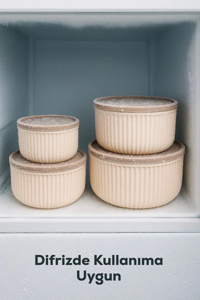 4'lü Yuvarlak Saklama Kabı Seti Çizgili Bej | 2.5l 1.5l 0.80l 0.45l | Mikrodalga Ve Dondurucu Uyumlu - Resim 5