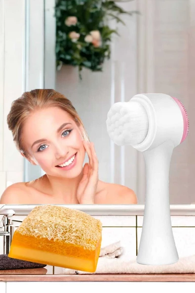 2'li Cilt Bakım Kabak Lifli Keçi Sütü Limon Sabun Çift Taraflı Yüz Temizleme Fırçası - 2