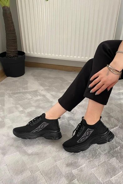 Kadın Fabri Siyah Triko Taşlı Spor Ayakkabı & Sneaker
