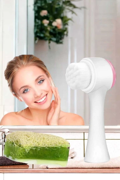 2'li Cilt Bakım Kabak Lifli Keçi Sütü Aloe Vera Sabun Çift Taraflı Yüz Temizleme Fırçası - 2
