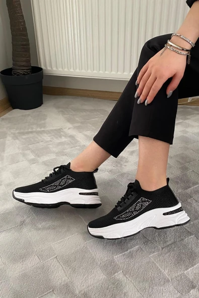 Kadın Fabri Siyah Triko Beyaz Tabanlı Taşlı Spor Ayakkabı & Sneaker - 3