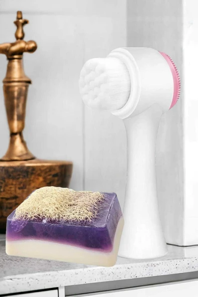 2'li Cilt Bakım Kabak Lifli Keçi Sütü Lavanta Sabun Çift Taraflı Yüz Temizleme Fırçası - 3