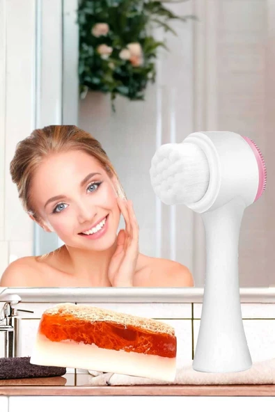 2'li Cilt Bakım Kabak Lifli Keçi Sütü Çilekli Sabun Çift Taraflı Yüz Temizleme Fırçası - 2