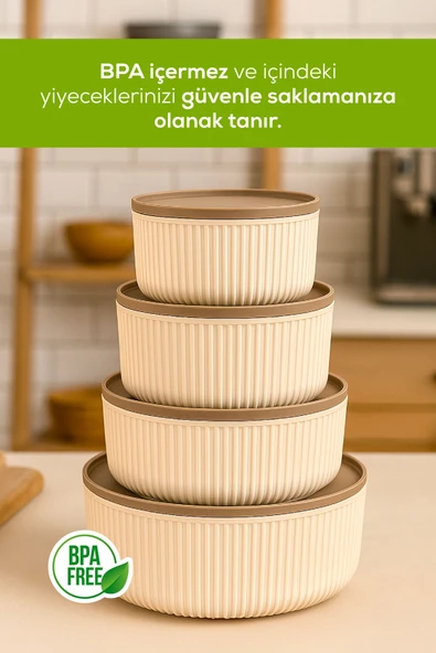 4'lü Yuvarlak Saklama Kabı Seti Çizgili Bej | 2.5l 1.5l 0.80l 0.45l | Mikrodalga Ve Dondurucu Uyumlu - Resim 2