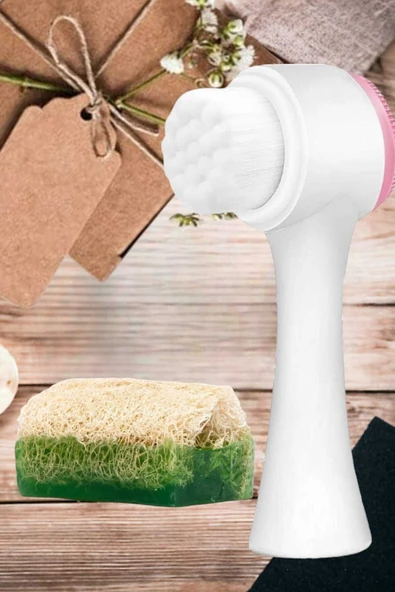 2'li Tüm Cilt Bakım Seti Kabak Lifli Aloe Vera Sabun Çift Taraflı Yüz Temizleme Fırçası - 4