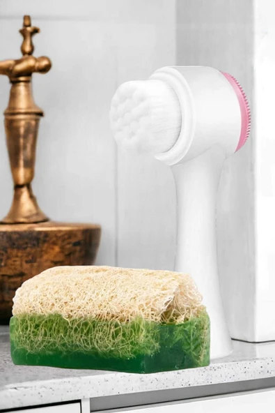 2'li Tüm Cilt Bakım Seti Kabak Lifli Aloe Vera Sabun Çift Taraflı Yüz Temizleme Fırçası - 3