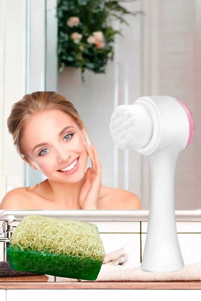 2'li Tüm Cilt Bakım Seti Kabak Lifli Çay Ağacı Sabun Çift Taraflı Yüz Temizleme Fırçası - 2