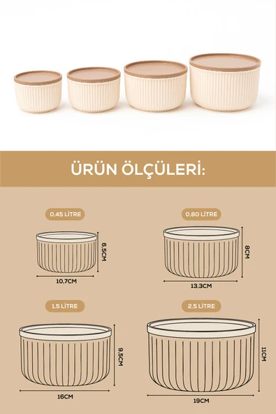 4'lü Yuvarlak Saklama Kabı Seti Çizgili Bej | 2.5l 1.5l 0.80l 0.45l | Mikrodalga Ve Dondurucu Uyumlu - Resim 6