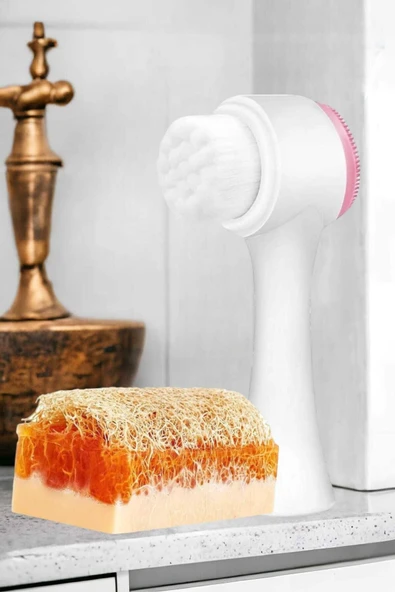 2'li Cilt Bakım Kabak Lifli Keçi Sütü Ballı Sabun Çift Taraflı Yüz Temizleme Fırçası - 3