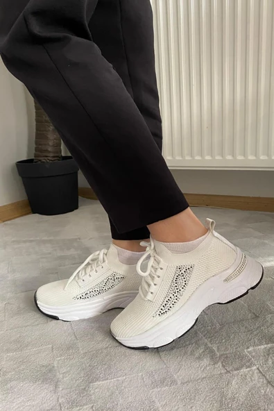 Kadın Fabri Beyaz Triko Taşlı Spor Ayakkabı & Sneaker - 3