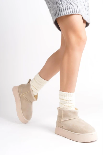 Kadın Palermo Krem Süet İçi Kürklü Kalın Tabanli (4,5 cm ) Mini Kısa Bot - 3