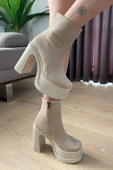Kadın Sidney Krem Süet 12 cm Platform Topuklu Fermuarlı Bot