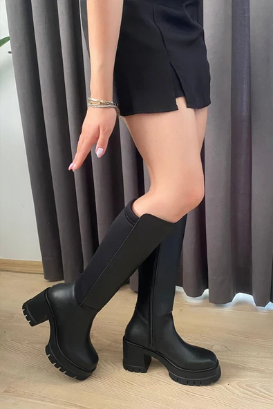 Kadın Enpar Siyah Arka Arka Kısıım Dalgıç Kumaş 8 cm Platfom Topuklu Çizme - 5