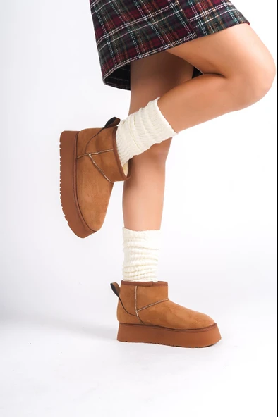 Kadın Palermo Taba Süet İçi Kürklü Kalın Tabanli (4,5 cm ) Mini Kısa Bot - 3