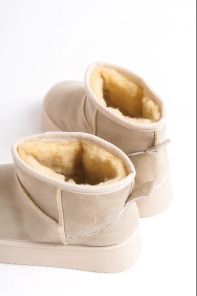 Kadın Palermo Krem Süet İçi Kürklü Kalın Tabanli (4,5 cm ) Mini Kısa Bot - 4