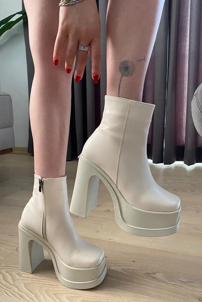 Kadın Sidney Krem 12 cm Platform Topuklu Fermuarlı Bot - 2