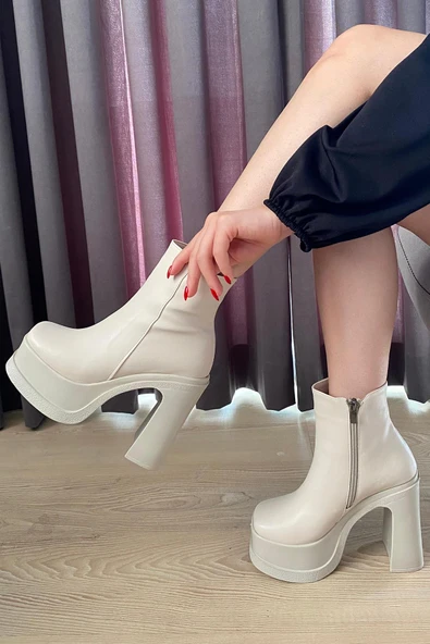 Kadın Sidney Krem 12 cm Platform Topuklu Fermuarlı Bot - 3