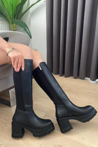 Kadın Enpar Siyah Arka Arka Kısıım Dalgıç Kumaş 8 cm Platfom Topuklu Çizme - 4