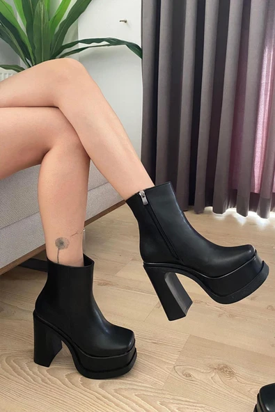 Kadın Sidney Siyah Cilt 12 cm Platform Topuklu Fermuarlı Bot - 4