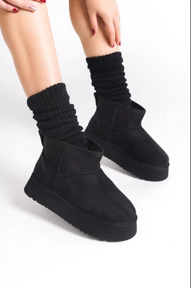 Kadın Palermo Siyah Süet İçi Kürklü Kalın Tabanli (4,5 cm ) Mini Kısa Bot - 2