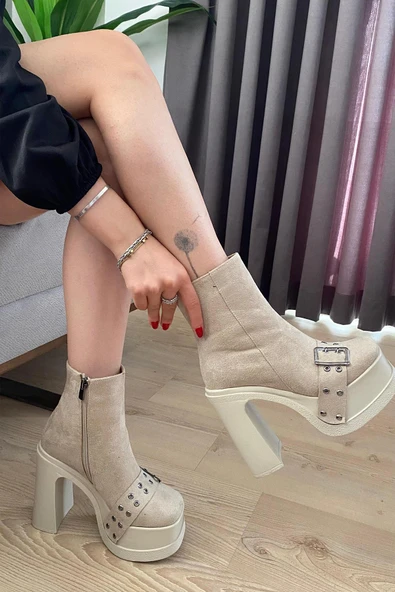 Kadın Sidney Kırem Süet Toka Detaylı 12 cm Platform Topuklu Fermuarlı Bot - 2