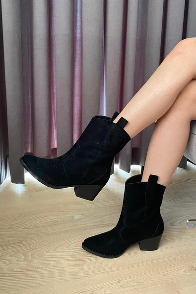 Kadın Vendy Siyah Süet Kısa Topuklu Kovboy Bot - 2