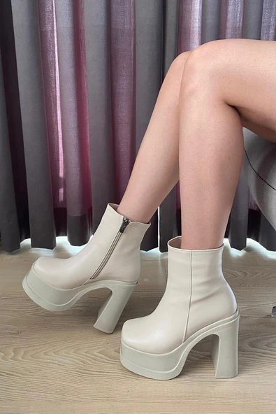 Kadın Sidney Krem 12 cm Platform Topuklu Fermuarlı Bot - 5