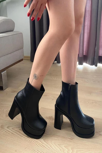 Kadın Sidney Siyah Cilt 12 cm Platform Topuklu Fermuarlı Bot - 3