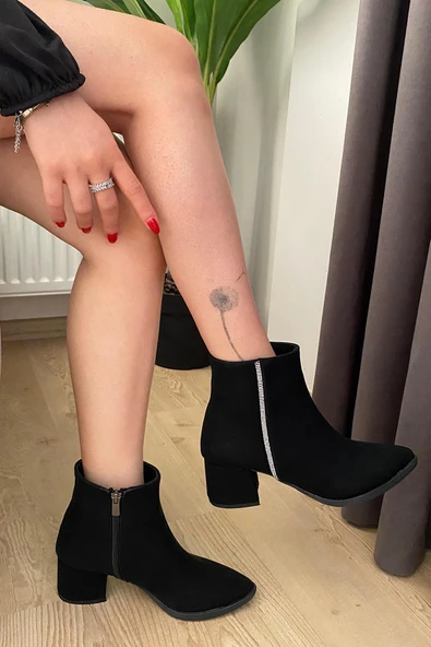 Kadın York Siyah zümrut YAndan Taşlı ( 6 cm ) Topuklu Sivri Burun Bot - 2