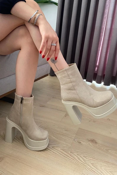 Kadın Sidney Krem Süet 12 cm Platform Topuklu Fermuarlı Bot - 2