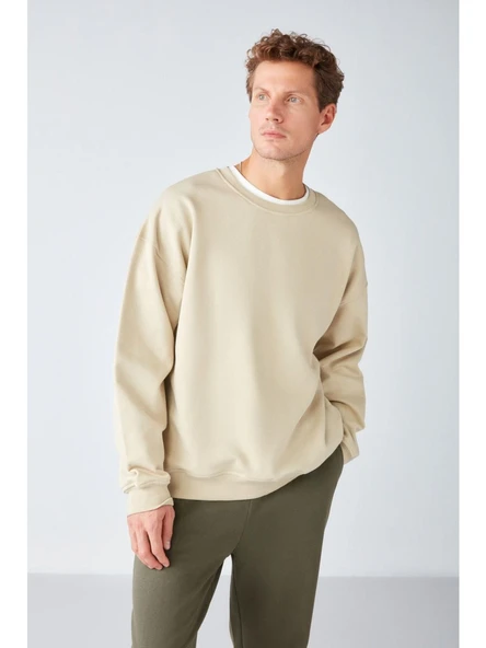 Grimelange Stephan Erkek Yumuşacık Kumaşlı Oversize Fit Yuvarlak Yakalı Bej Sweatshirt ürün görseli 1