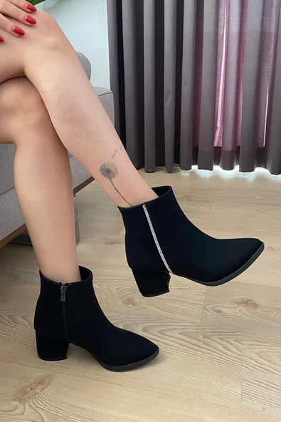 Kadın York Siyah zümrut YAndan Taşlı ( 6 cm ) Topuklu Sivri Burun Bot - 3